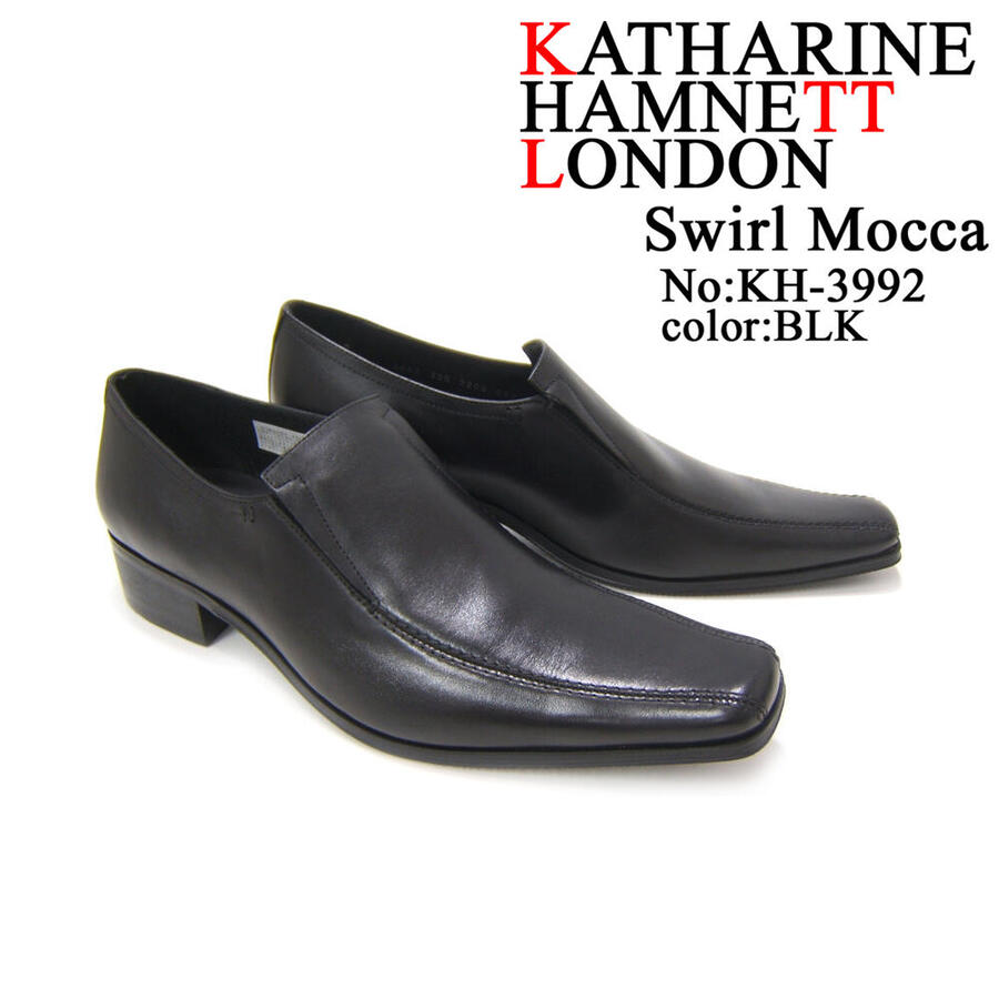 KATHARINE HAMNETT LONDON キャサリン ハムネット ロンドン 紳士靴 KH-3992 ブラック スクエアトゥ スワールモカ スリップオン ビジネス スーツ カジュアル 送料無料
