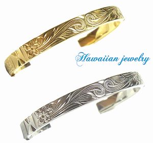 ハワイアン ジュエリー ステンレス ブレスレット バングル 送料無料 イエローゴールド シルバー プルメリア スクロール ホヌ ペア アクセサリー レディース ...