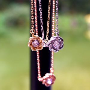 ハワイアン ジュエリー ネックレス ステンレス 送料無料 キュービックジルコニア フラワー 花 1粒 石 ペンダント イエローゴールド ピンクゴールド シルバー...