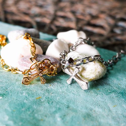 ハワイアン ジュエリー ステンレス アンクレット 送料無料 シルバー イエローゴールド ピンクゴールド アクセサリー クロス 十字架 プルメリア スクロール レ...