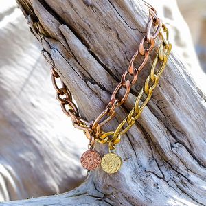 ハワイアン ジュエリー ステンレス ブレスレット 送料無料 シルバー イエローゴールド ピンクゴールド アクセサリー メダル コイン フィガロ スクロール レデ...