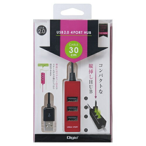 ナカバヤシ UH-2404R レッド USB2.0 4ポートハブ 30cm UH2404
