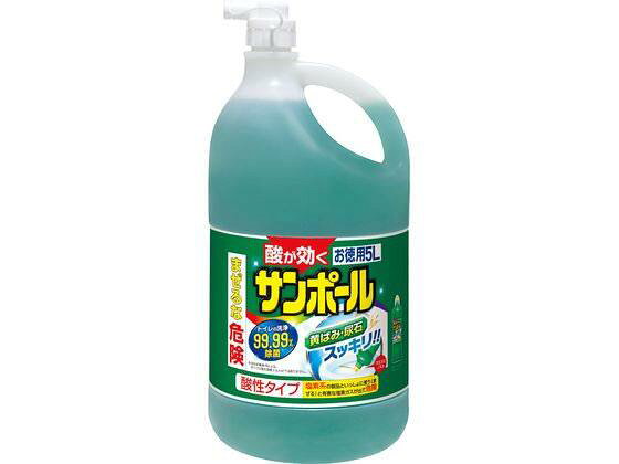 ↑↑↑正確な在庫状況は上記バナー「在庫状況を確認する」をクリックして頂き、必ずご確認ください。&nbsp;&nbsp;【代引不可商品】仕入先よりお客様宅へ直送手配いたします商品です。そのため代引きは対応致しかねます。酸が効く！お徳用5L酸のちからとマイナスイオンの相乗効果で便器（陶器）のがんこな黄ばみ・尿石を化学分解して落とすトイレ用強力洗浄剤です。かけた場所もよくわかり、たれ落ちにくいグリーンの液です。清潔感のあるさわやかな香りでニオイもスッキリ。目安の使用量では浄化槽の機能（微生物）への影響はありません。●成分：塩酸（9．5％）、界面活性剤（アルキルトリメチルアンモニウム塩）、洗浄助剤●液性：酸性※メーカーの都合により、パッケージ・仕様等は予告なく変更になる場合がございます。