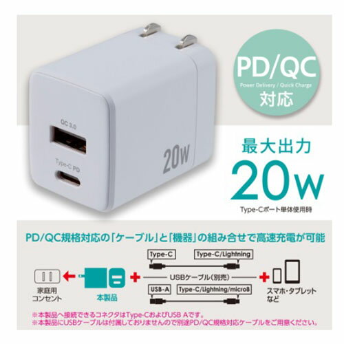 ナカバヤシ JYU-ACU011W ホワイト 20W PD対応 USB AC充電器 JYUACU011W