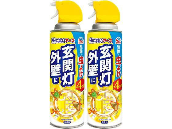 ↑↑↑正確な在庫状況は上記バナー「在庫状況を確認する」をクリックして頂き、必ずご確認ください。&nbsp;&nbsp;玄関灯や家の外壁、自動販売機の灯り等にスプレーするだけで優れた虫よけ・殺虫効果を発揮します。害虫に直接スプレーして殺虫もできます。撥水成分シリコーン配合で雨にも強い。虫よけ効果は約4ヵ月持続します。（使用環境により異なる）使用後、ニオイは残りません。●内容量：450ml×2本●無香料 IPC_05※メーカーの都合により、パッケージ・仕様等は予告なく変更になる場合がございます。玄関灯や家の外壁にスプレーするだけで、イヤな虫を虫よけ＆駆除
