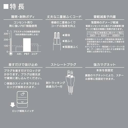 オーム電機(OHM) HSTKML623P25W 雷ガード付きタップ 6個口 2m 白