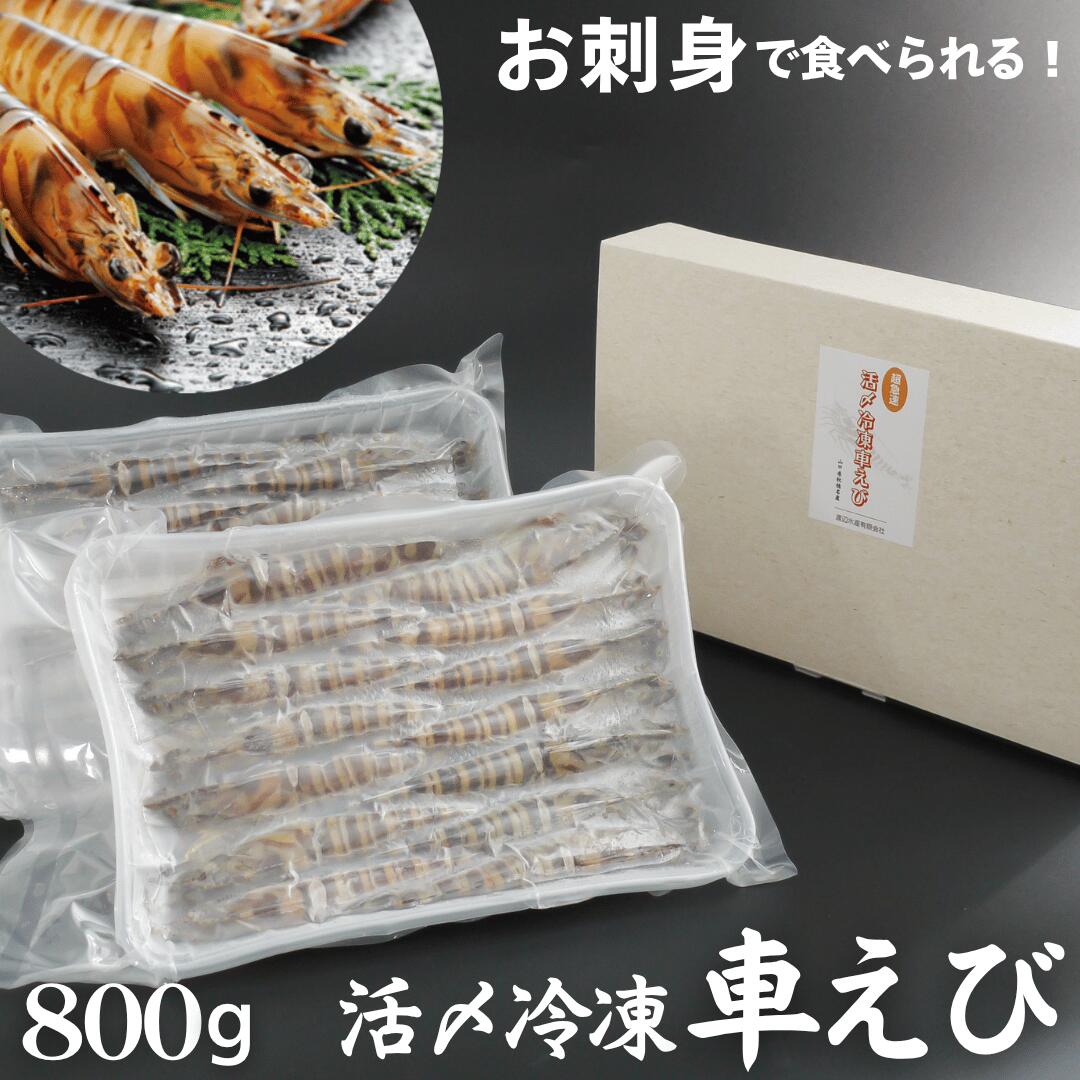 名称 活き〆超急速冷凍車えび(養殖) 原材料 車海老　養殖(山口県産) 内容量 800g 産地名 山口県秋穂産 養殖・解凍 解凍 消費期限 別途商品ラベルに記載 保存方法 冷凍(-18℃以下)で保存してください。 加熱調理の必要性 解凍後生食でお召し上がりいただけます。 加工事業者名 渡辺水産有限会社 山口県山口市秋穂二島437番地 栄養成分表示(100g)当たり 熱量:90Kcal、タンパク質:21.6g、脂質:0.6g、炭水化物:0g、食塩相当量:0.4g ※推定値