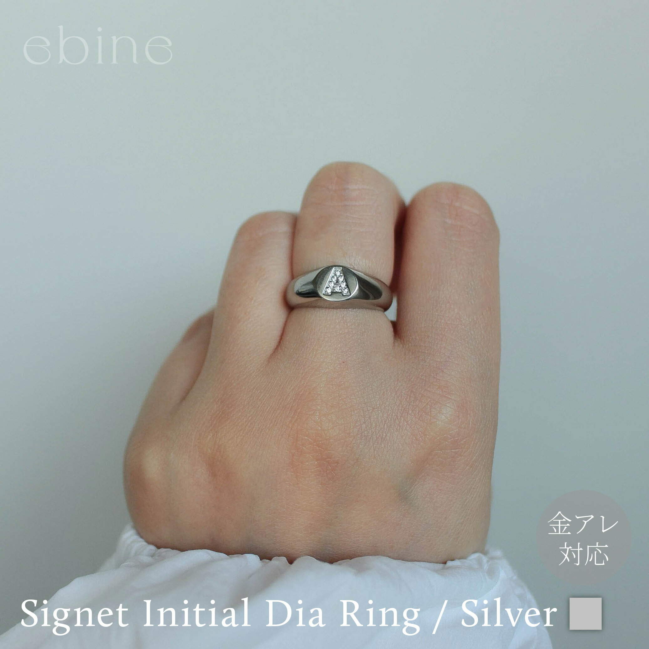 Rakuten - 【クーポン配布＆p5倍！5/16 1:59まで】シグネット イニシャルダイヤリングg / Silver ｜指輪 リング サージカル ステンレス シンプル 華奢 つけっぱなし 重ね着け 金アレ 対応 316L 変色 しづらい ギフト エビネ シルバー