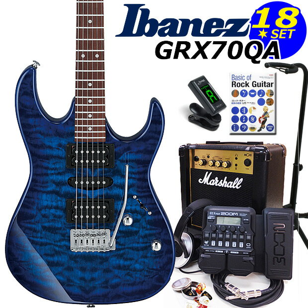 Gio Ibanez アイバニーズ GRX70QA TBB エレキギター初心者セット 18点 ZOOM G1XFourとMarshallアンプ付き【エレキギター入門】