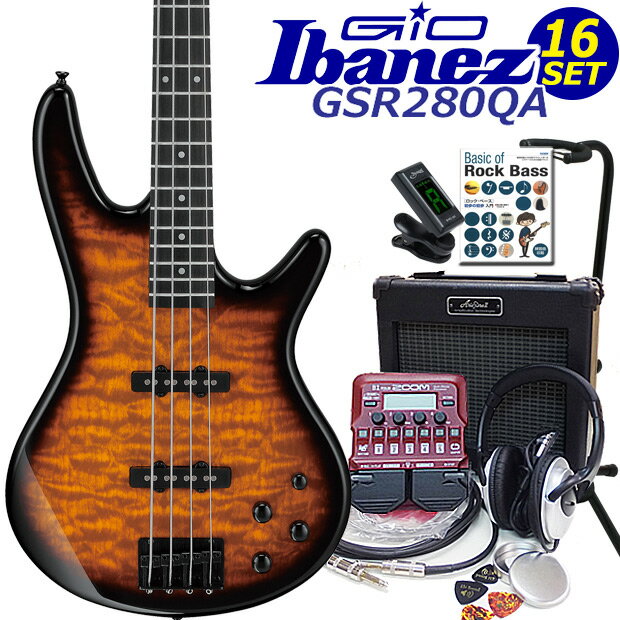 Gio Ibanez GSR280QA-TYS アイバニーズ 4弦エレキベース 入門16点セット ZOOM B1Four付き 【ベース初心者】