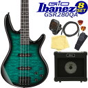 Gio Ibanezエレキベース GSR280QA お手軽8点セット登場。シースルーの美しいトップと軽く取回しの良いボディに、J・Jピックアップのレイアウトで、HighとLowMidをブーストさせるEQ(Phat II EQ)を搭載。パンチのある迫力のベースサウンドを出力します。 前後ピックアップバランスにTONEとこのEQ(Phat II EQ)で作られるサウンドバリエーションは、ワンランク上のベースに迫るクオリティーの1本です。このGSR280QAでエレキベースを始めてみたい！そんな皆さんのために、お手軽でお手頃なセットをご用意しました。 ※こちらのエレキベースは出荷前に外観・機能などの点検を行い発送いたしますのでご安心ください。 ■【セット内容】 ・ベース本体 ・ソフトケース ・アンプ ・3mケーブル ・クリップチューナー ・ストラップ ・ピック2枚 ・クロスこちらのエレキベースは出荷前に外観・機能などの点検を行い発送いたしますのでご安心ください。 シースルーの美しいトップと軽く取回しの良いボディシェイプが魅力。2基のジャズピックアップ、フロント・リア ヴォリューム、トーン コントロール、Phat II EQ イコライザー 「Phat II EQ 」は電池を使用するアクティブ イコライザーのため、ボディ裏に9V用の電池BOXが付いています。