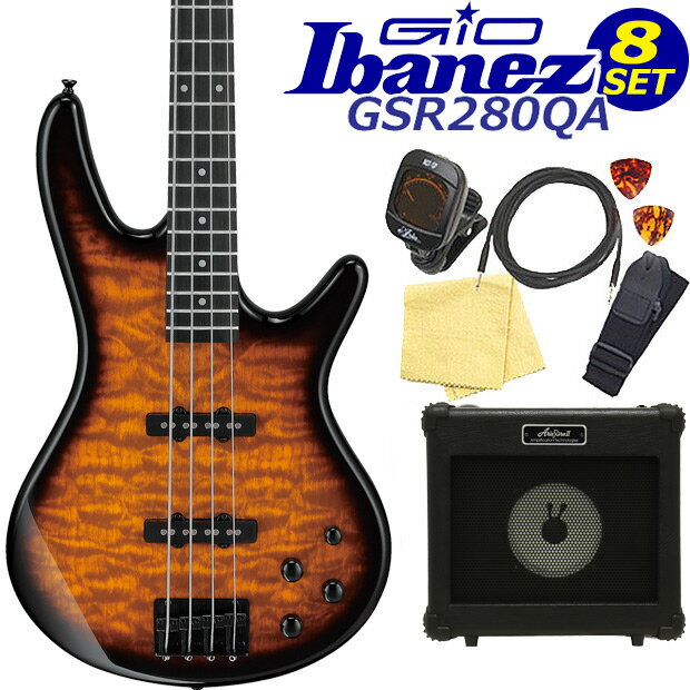 Gio Ibanezエレキベース GSR280QA お手軽8点セット登場。シースルーの美しいトップと軽く取回しの良いボディに、J・Jピックアップのレイアウトで、HighとLowMidをブーストさせるEQ(Phat II EQ)を搭載。パンチのある迫力のベースサウンドを出力します。 前後ピックアップバランスにTONEとこのEQ(Phat II EQ)で作られるサウンドバリエーションは、ワンランク上のベースに迫るクオリティーの1本です。このGSR280QAでエレキベースを始めてみたい！そんな皆さんのために、お手軽でお手頃なセットをご用意しました。 ※こちらのエレキベースは出荷前に外観・機能などの点検を行い発送いたしますのでご安心ください。 ■【セット内容】 ・ベース本体 ・ソフトケース ・アンプ ・3mケーブル ・クリップチューナー ・ストラップ ・ピック2枚 ・クロスこちらのエレキベースは出荷前に外観・機能などの点検を行い発送いたしますのでご安心ください。 シースルーの美しいトップと軽く取回しの良いボディシェイプが魅力。2基のジャズピックアップ、フロント・リア ヴォリューム、トーン コントロール、Phat II EQ イコライザー 「Phat II EQ 」は電池を使用するアクティブ イコライザーのため、ボディ裏に9V用の電池BOXが付いています。