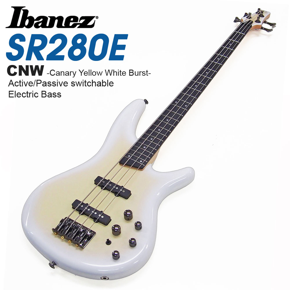 ■「Ibanez」ブランドの中では最もリーズナブルながら、幅広いサウンドメイクが可能なエレキベース『SR280E』が登場！アイバニーズオリジナルかつ定番の、軽く取回しの良いSRボディに、細身で薄めのネックシェイプ。サウンド面でも9V電池を使用してのアクティブモードとパッシブモードの選択が可能。初心者には扱いやすく、2本目以降でも幅広いサウンドメイクなど多くのプレイアビリティを感じられる、コストパフォーマンスの高い1本です。 ■【”アクティブ”モードと”パッシブ”モード】 3バンドEQで幅広いサウンドメイクが可能な『アクティブ・モード』と、直感的なトーン・コントロールで演奏する『パッシブ・モード』の2WAY仕様。さらにモードを切り替えるEQのOn/Offスイッチを装備することで、万が一電池が切れた際にはパッシブ・モードに切り替えれば出力が途切れることなく、そのまま演奏が可能です。 ■こちらのエレキベースは出荷前に外観・機能などの点検を行い発送いたしますのでご安心ください。 ■【アクセサリー付き5点セット】 1 べース本体 2 Ibanezロゴ入りソフトケース 3 クリップチューナー 4 シールド 5 ピック ■【SR280E仕様】 ・neck type：SR43pc Maple neck ・top/back/body：Okoume body ・fretboard：Purpleheart fretboardWhite dot inlay ・fret：Medium frets ・number of frets：24 ・bridge：B10 bridge ・string space：19mm ・neck pickup：Dynamix J neck pickup(Passive) ・bridge pickup：Dynamix J bridge pickup(Passive) ・equalizer：Ibanez Custom Electronics 3-band EQ w/EQ bypass switch (passive tone control on treble pot) ・factory tuning 1G,2D,3A,4E ・string gauge .045/.065/.080/.100 ・hardware color：Cosmo Black