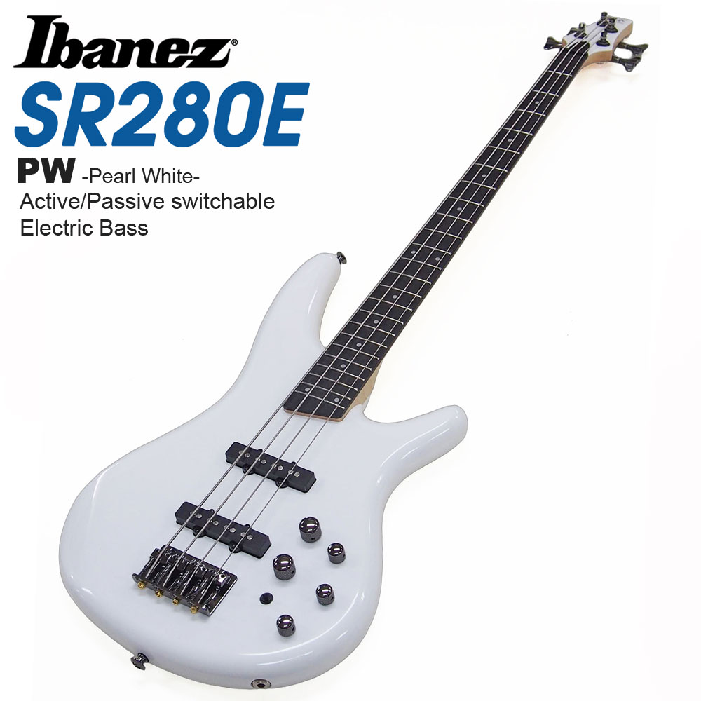 ■「Ibanez」ブランドの中では最もリーズナブルながら、幅広いサウンドメイクが可能なエレキベース『SR280E』が登場！アイバニーズオリジナルかつ定番の、軽く取回しの良いSRボディに、細身で薄めのネックシェイプ。サウンド面でも9V電池を使用してのアクティブモードとパッシブモードの選択が可能。初心者には扱いやすく、2本目以降でも幅広いサウンドメイクなど多くのプレイアビリティを感じられる、コストパフォーマンスの高い1本です。 ■【”アクティブ”モードと”パッシブ”モード】 3バンドEQで幅広いサウンドメイクが可能な『アクティブ・モード』と、直感的なトーン・コントロールで演奏する『パッシブ・モード』の2WAY仕様。さらにモードを切り替えるEQのOn/Offスイッチを装備することで、万が一電池が切れた際にはパッシブ・モードに切り替えれば出力が途切れることなく、そのまま演奏が可能です。 ■こちらのエレキベースは出荷前に外観・機能などの点検を行い発送いたしますのでご安心ください。 ■【アクセサリー付き5点セット】 1 べース本体 2 Ibanezロゴ入りソフトケース 3 クリップチューナー 4 シールド 5 ピック ■【SR280E仕様】 ・neck type：SR43pc Maple neck ・top/back/body：Okoume body ・fretboard：Purpleheart fretboardWhite dot inlay ・fret：Medium frets ・number of frets：24 ・bridge：B10 bridge ・string space：19mm ・neck pickup：Dynamix J neck pickup(Passive) ・bridge pickup：Dynamix J bridge pickup(Passive) ・equalizer：Ibanez Custom Electronics 3-band EQ w/EQ bypass switch (passive tone control on treble pot) ・factory tuning 1G,2D,3A,4E ・string gauge .045/.065/.080/.100 ・hardware color：Cosmo Black