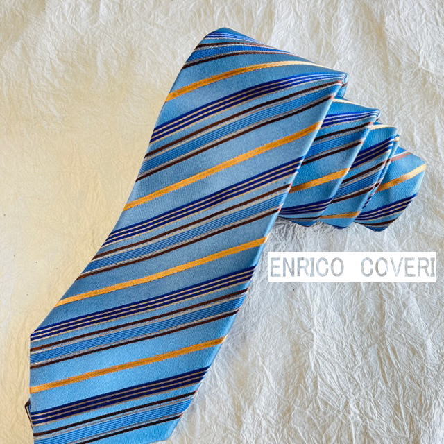 ENRICO　COVERI　エンリココベリ　ネクタイ(8cm幅)　　レギュラーネクタイ　シルク　（長さ144cm） ブルーストライプ 柄