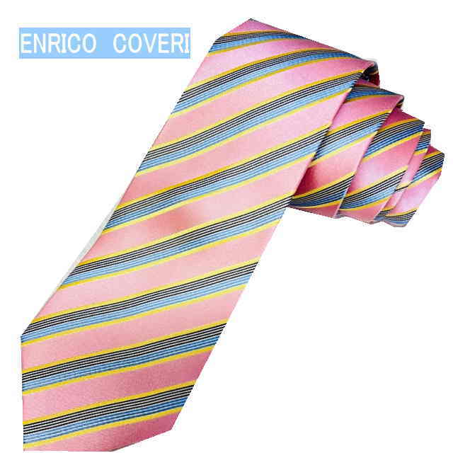 エンリコ ENRICO　COVERI　エンリココベリ　ネクタイ(8cm幅)　　シルク　（長さ144cm）（ピンクグランド・イエロー・ブラウン・ブルー）ストライプ柄13