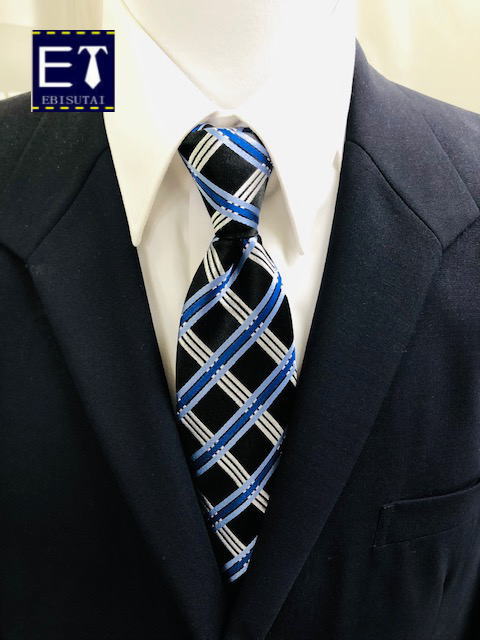ワンタッチネクタイ 　シルク 　ファスナー仕様 　ジッパーネクタイ　エビスタイ 　日本製 ネイビー　ブルー　ホワイトチェック　トレンドネクタイ　TR　(S）s-7036