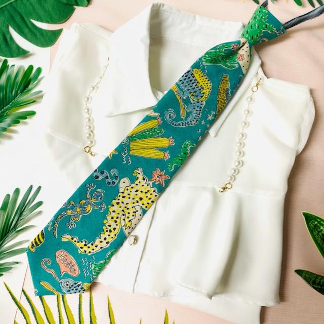 コットンネクタイ ワンタッチネクタイ ガールズネクタイ ネクタイ1本 レディースネクタイ ファスナー仕様 ジッパーネクタイ エビスタイ カジュアル 日本製 コットン生地 動物（カメレオン・サボテン） サイズ45cm(R）8016-2