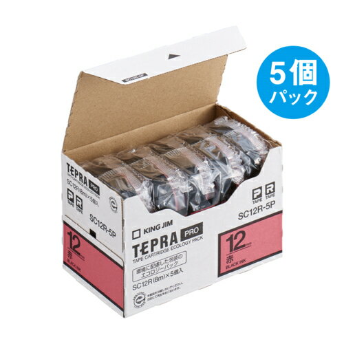 キングジム KING JIM テプラPRO 5個入 カラーラベル パステル 赤 黒文字 12mm SC12R-5P SC12R5P