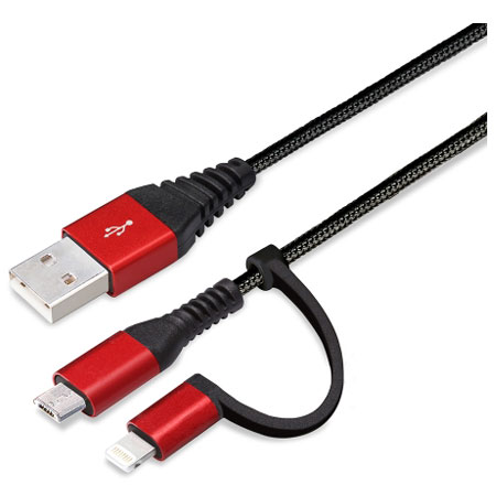 PGA PG-LMC10M01BK(レッド&ブラック) 2in1 USBタフケーブル(Lightningµ) 1m