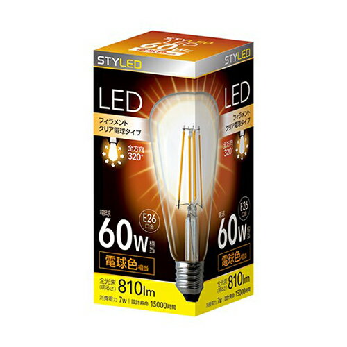 STYLED(スタイルド) HDFC60L1(電球色) LED電球 クリア電球タイプ ST64形 E26口金 60W形相当 810lm