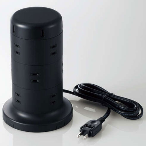 萤光灯, 电灯泡 - エレコム ELECOM TT-U02-1220BK ブラック タワー型タップ 延長コード 2ピン 12口 2m TTU021220BK