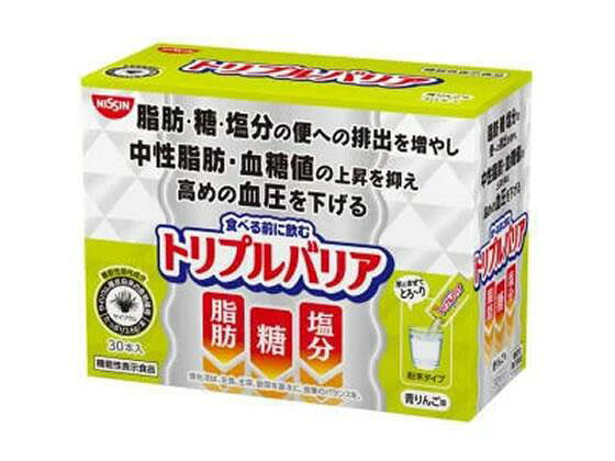 ↑↑↑正確な在庫状況は上記バナー「在庫状況を確認する」をクリックして頂き、必ずご確認ください。&nbsp;&nbsp;&nbsp;【代引不可商品】仕入先よりお客様宅へ直送手配いたします商品です。そのため代引きは対応致しかねます。食べる前に飲んで、脂肪・糖・塩分の便への排出を増やす粉末飲料日本初！食べる前に飲んで、脂肪糖塩分の便への排出を増やす粉末飲料食事中の脂肪、糖、塩分の便への排出を増やし、食後の中性脂肪や血糖値の上昇を抑え、高めの血圧を下げる機能があります。また、お通じの回数や量を増やす便通改善機能があります。●原材料：サイリウム種皮粉末（国内製造）、砂糖、デキストリン、りんご果汁粉末／酸味料、甘味料（ステビア）、香料、微粒二酸化ケイ素、ビタミンC、クチナシ色素●アレルギー表示：りんご●入数：30本機能性関与成分：サイリウム種皮由来の食物繊維届出番号：F232届出表示：本品にはサイリウム種皮由来の食物繊維が含まれます。食事中の脂肪、糖、塩分の便への排出を増やし、食後の中性脂肪や血糖値の上昇を抑え、高めの血圧を下げる機能があります。また、お通じの回数や量を増やす便通改善機能が報告されています。一日当たりの摂取目安量：脂肪が気になる方・・・1日1本を目安にお召し上がりください。糖が気になる方・・・1日1本を目安にお召し上がりください。血圧が気になる方・・・1日3本(1食当たり1本)を目安にお召し上がりください。おなかの調子を整えたい方・・・1日1本を目安にお召し上がりください。摂取上の注意：●本品は多量摂取により疾病が治癒したり、より健康が増進するものではありません。1日の摂取目安量を守り、1日3本を超えないようお召し上がりください。また、多量に摂り過ぎたり、あるいは体質・体調により、一時的におなかがゆるくなることがあります。●粉末は決して直接口に入れず、水にまぜてお召し上がりください。粉末がのどに詰まることがあります。●本品に黒や茶色の粒子がまざっていますが、サイリウム(オオバコ)の種皮ですので、安心してお召し上がりください。●食生活のバランスを考え、他の食品も合わせて上手にご利用ください。●サイリウムに直接触れる業務(調合、製造等)にたずさわる人が、本製品を摂取した場合に、ごくまれに皮膚にかゆみ、発疹の過敏反応を引き起こす可能性があります。●開封後はなるべく早めにお召し上がりください。食生活は、主食、主菜、副菜を基本に、食事のバランスを。生産国：日本商品区分：機能性表示食品メーカー：日清食品株式会社※メーカーの都合により、パッケージ・仕様等は予告なく変更になる場合がございます。