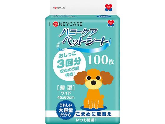 ↑↑↑正確な在庫状況は上記バナー「在庫状況を確認する」をクリックして頂き、必ずご確認ください。&nbsp;&nbsp;&nbsp;こまめに取替え、いつも清潔！大容量なのにコンパクト！お出かけ時に持ち運びが便利なペットシート。5層構造でおしっこ3回分を吸水する安心の吸水力です。※犬種・サイズ・健康状態により異なります。高品質なポリマーが水分を瞬間吸収し、しっかりキープするため漏れにくいです。菱形エンボス加工で、同じところでおしっこをしても素早く拡散でき、逆戻りしにくいです。白い吸水面なので健康チェックがすぐにできます。●用途：犬・猫・小動物などの室内トイレ用シート●1枚あたりのシートサイズ：450×600mm●適応サイズ：小型犬〜中型犬●無香●吸収回数・量：3回分吸収（150cc目安）●材質：表面材／ポリプロピレン不織布、吸収材／綿状パルプ・高分子吸収体（ポリマー）・吸水紙、防水材／ポリプロピレンフィルム、結合材／ホットメルト接着剤、外装材／ポリエチレン●中国製●注文単位：1パック（100枚）【使用上の注意】・用途以外に使用しないでください。・本製品の品質上、噛んだり引っ張ったりすると製品が破れ中身が飛び散る場合があります。トイレシートで遊ぶ癖のあるペットには使用をお控えください。・本製品は食べ物ではありません。万が一飲み込んでしまった場合は医師や獣医師にご相談ください。・本製品の中身を吸い込んだり、目に入れてしまった場合は速やかに流水で洗い流し、医師や医師にご相談ください。・紙製品のため、火気付近・高温多湿・直射日光を避けて使用してください。・ペットのトイレを清潔に保つため、本製品が汚れた場合は早めに交換をし衛生面にご配慮ください。・本製品を切って使うと、中身が飛び散ったり尿もれの原因となります。必ずそのままご使用ください。・本製品は汚れても構わない場所で使用してください。【処理方法】・使用後の製品をトイレに流さないでください。・使用後は汚れた面を内側にして小さく丸めて不衛生にならないよう処理してください。詳しい処理方法に関しましてはお住まいの地域のルールに従ってください。※メーカーの都合により、パッケージ・仕様等は予告なく変更になる場合がございます。　
