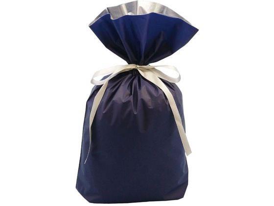 カクケイ 梨地リボン付巾着袋(マチ付) 20枚 ネイビー LL