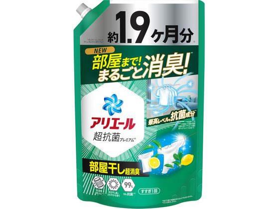 ↑↑↑正確な在庫状況は上記バナー「在庫状況を確認する」をクリックして頂き、必ずご確認ください。&nbsp;&nbsp;&nbsp;最高レベル抗菌成分で部屋も衣服もW消臭！約1．9ヶ月分（週に約4．7回、2．8kgを洗たく（本品35mL使用）の場合）。超抗菌プレミアム＊1、部屋干し超消臭＊2、99％抗菌。天日干し級にさわやかな香り！＊1　全ての菌の増殖を抑えるわけではありません。＊2　P＆G調べ。ニオイの度合いで消臭の程度は異なります。最高レベル抗菌成分で18時間消臭！脱ぐ瞬間までニオイを断つ。洗濯槽の防カビまでOK！●仕様：つめかえ用 ウルトラジャンボサイズ●成分：界面活性剤（23％：直鎖アルキルベンゼンスルホン酸塩、ポリオキシエチレンアルキルエーテル）、安定化剤、分散剤、pH調整剤、蛍光増白剤、酵素●用途：綿、麻、合成繊維用●液性：弱アルカリ性※メーカーの都合により、パッケージ・仕様等は予告なく変更になる場合がございます。　