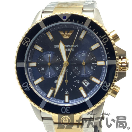 【中古】EMPORIO ARMANI（エンポリオ・アルマーニ）AR11362 　クロノグラフ　アナログ　ネイビー文字盤　コンビブレス　クォーツ　メンズ　腕時計【USED-SA】