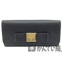 【中古】 PRADA (プラダ) 1MH132 長財布 パスケース付き サフィアーノ リボン 黒 ブラック ロングウォレット ゴールド金具 レザー レディース 【USED-A】