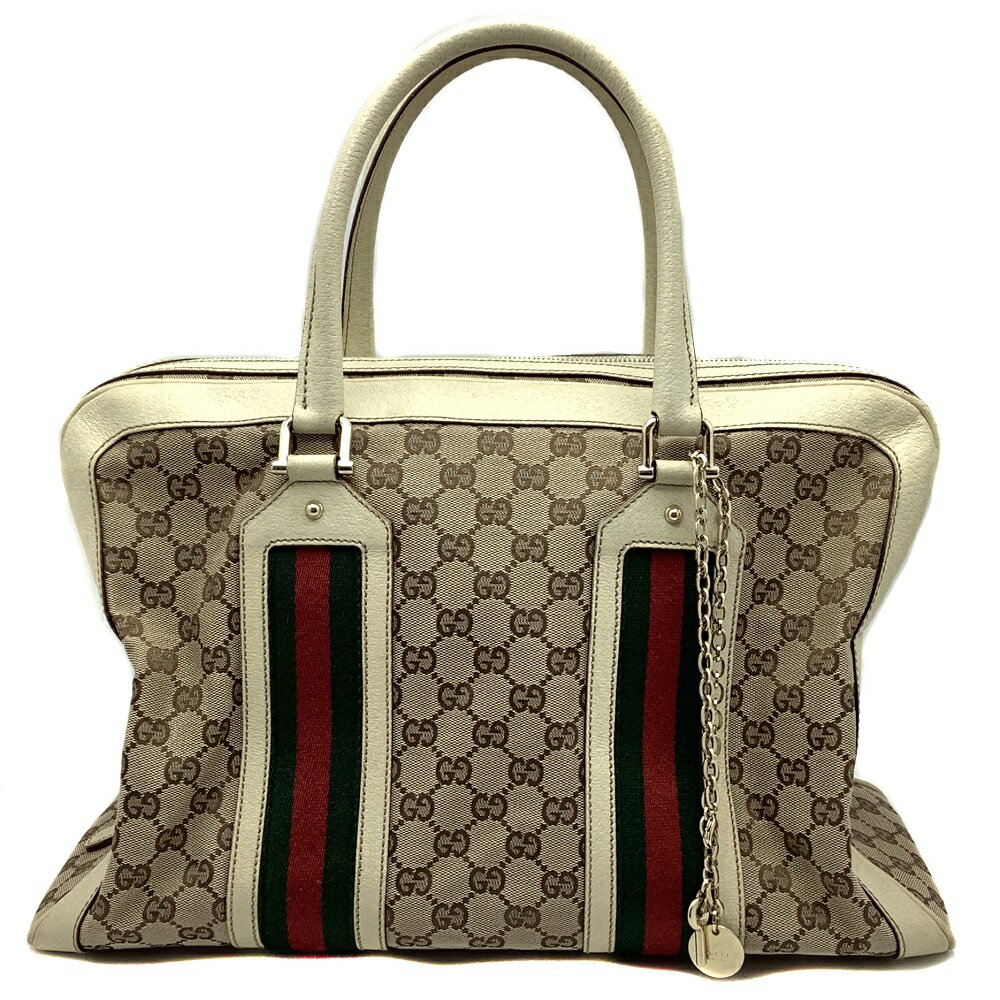 【中古】 GUCCI (グッチ) 145997 GGキャンバス ブリーフケース ボストンバッグ シェリーライン 手提げ ビジネスバッグ ハンドバッグ ベージュ レッド グリーン シャンパンゴールド金具 レザー キャンバス メンズ レディース 【USED-B】