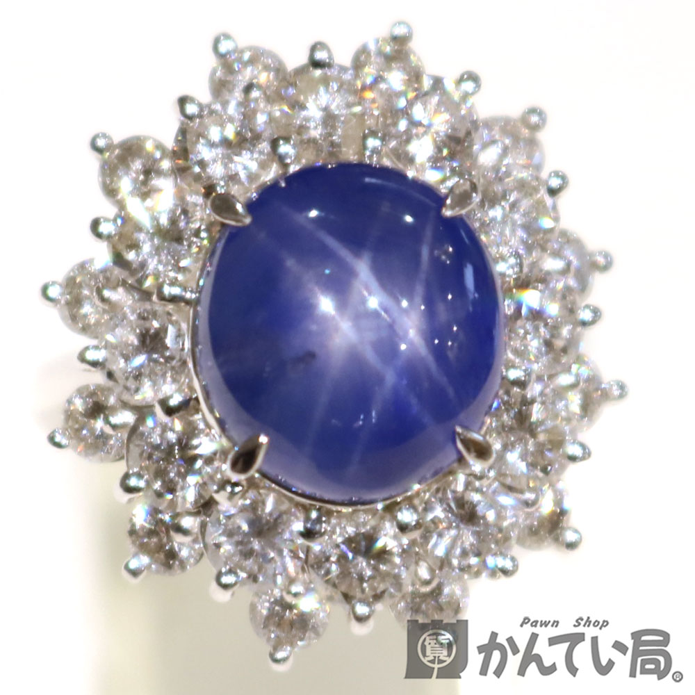 Pt900 スターサファイア 11.18ct・ダイヤモンドリング 3.02ct　約13号 鑑別書付き　サファイア　カボションカット【USED−S】