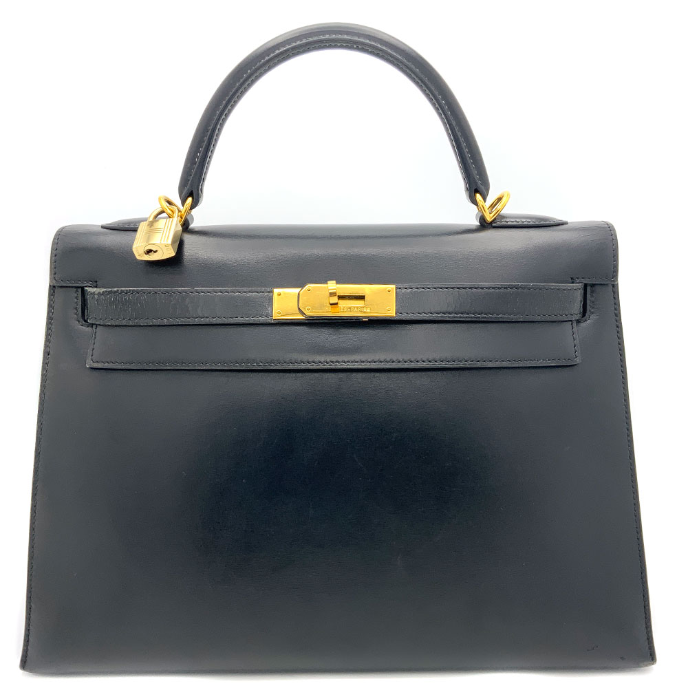 【中古】HERMES（エルメス）　ケリー32　ボックスカーフ　外縫い　V刻印　ブラック　ゴールド金具　ヴィンテージ　レディース　2WAYバッグ【USED-B】