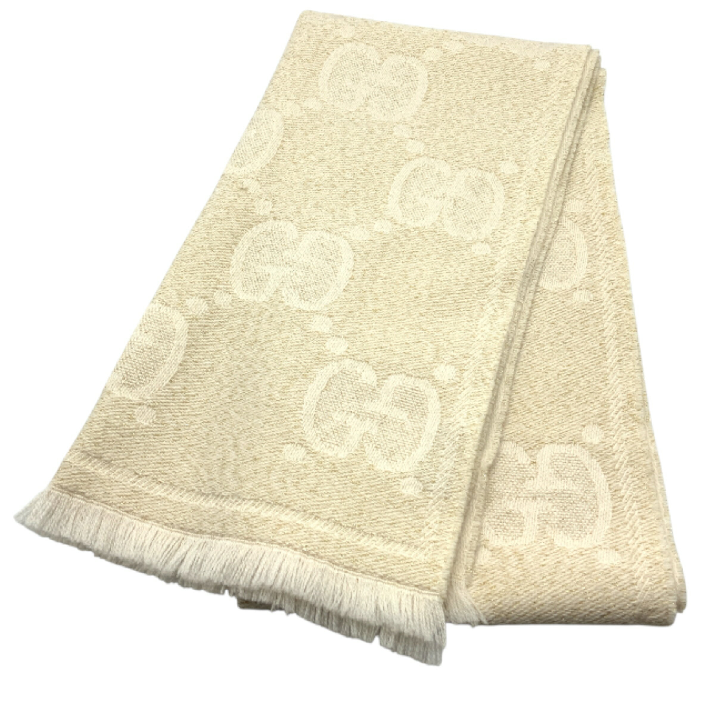 【中古】GUCCI（グッチ）598993 GGラメジャガード マフラー GG柄 フリンジ ホワイト レディース ウール45×195cm【USED-B】