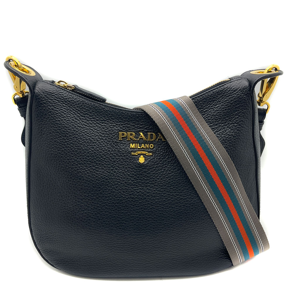 【中古】PRADA（プラダ）1BC166 ショルダーバッグ 斜めがけバッグ ネロ ブラック VITELLO PHENIX ヴィッテロフェニックス レザー ロゴ入り ストラップ太め ストラップ調整可 レディースバッグ【USED-A】