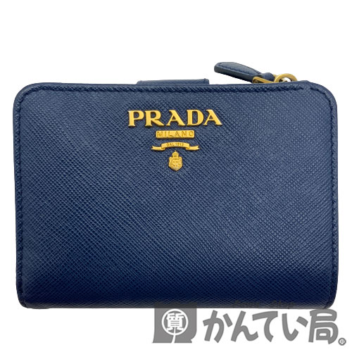 【中古】PRADA（プラダ）　1ML018　サフィアーノ　二つ折り財布　コンパクト財布　L字ファスナー　ブルー系　レディース【USED-AB】