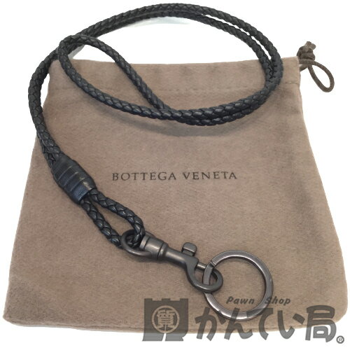 【中古】 BOTTEGA VENETA (ボッテガヴェネタ) 113540 レザー ネックストラップ イントレチャート ブラック 編み込み キーリング 【USED-AB】