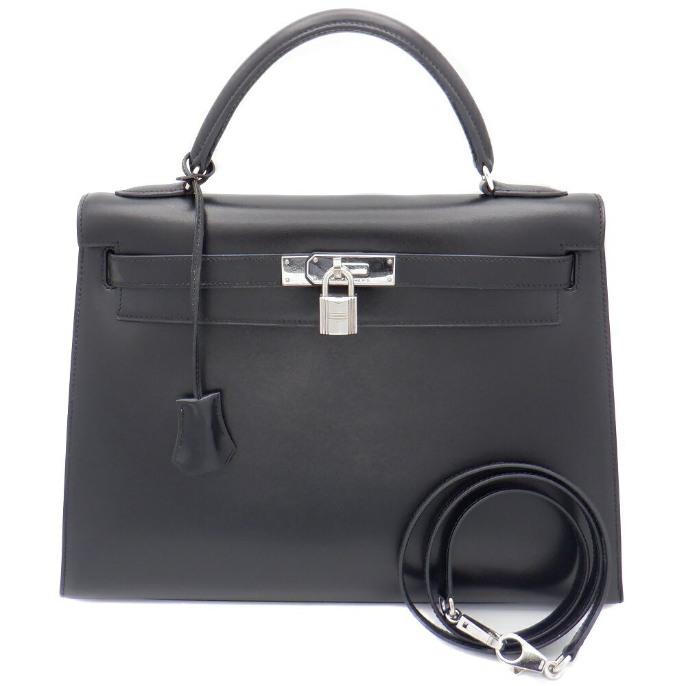 【中古】HERMES (エルメス) ケリー32 C□（1999年頃） レザー 推定：ボックスカーフ ブラック系 シルバー金具 外縫い ハンドバッグ ショルダー付き レディース メンズ 革 黒 【USED-B】のサムネイル