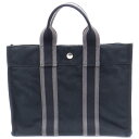 【中古】 HERMES （エルメス） フールトゥPM キャンバス トートバッグ ブラック グレー シルバー金具 スナップボタン ボーダー ハンドル マザーズバッグ メンズ レディース ハンドバッグ 【USED-AB】