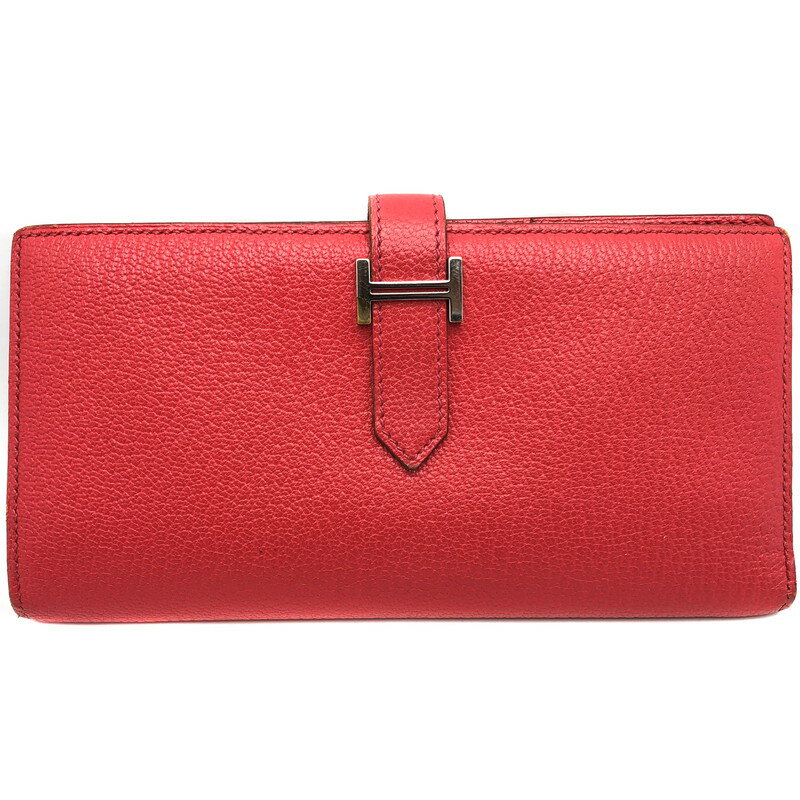 【中古】HERMES(エルメス) べアンスフレ 推定シェーブル 推定ローズジャイプール □O刻印(2011年頃製造) 二つ折 長財布 オレンジ系 ピンク系 シルバー金具 レディース【USED-AB】