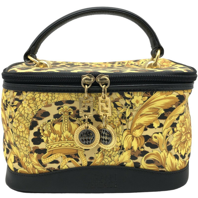 【中古】 GIANNI VERSACE (ヴェルサーチ) ヴェルサーチェ レオパード ヒョウ柄 バニティ ハンドバッグ コスメ ポーチ ミラー 鏡 レザー キャンバス ブラック イエロー ゴールド金具 Wファスナー バロック バロッコ レディース 【USED-B】