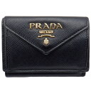 【中古】 PRADA (プラダ) 1MH021 3つ折り サフィアーノ 黒 ブラック ノワール ミニウォレット コンパクトウォレット ゴールド金具 レザー レディース 【USED-B】