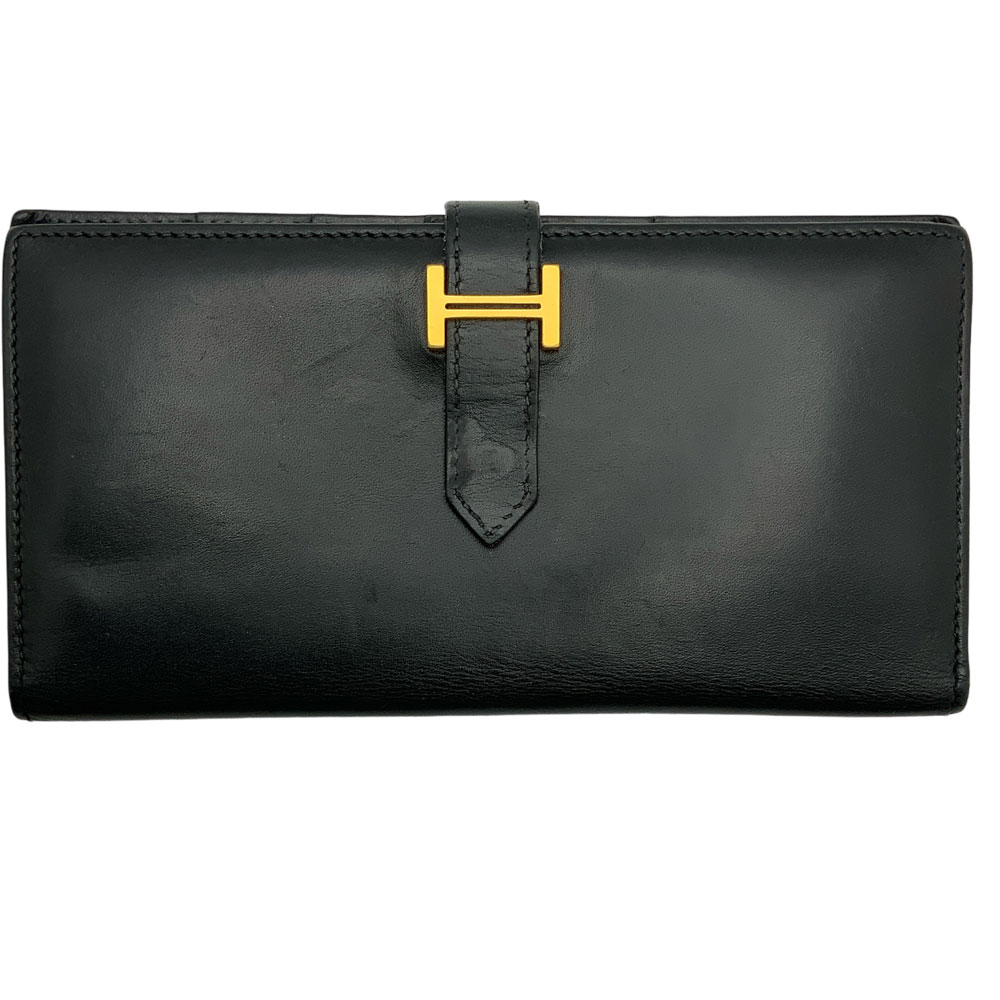 【中古】HERMES(エルメス)ベアン クラシック ボックスカーフ 長財布 ロングウォレット ブラック ユニセックス ブラック ゴールド金具 □I刻印 (2005年)【USED-B】