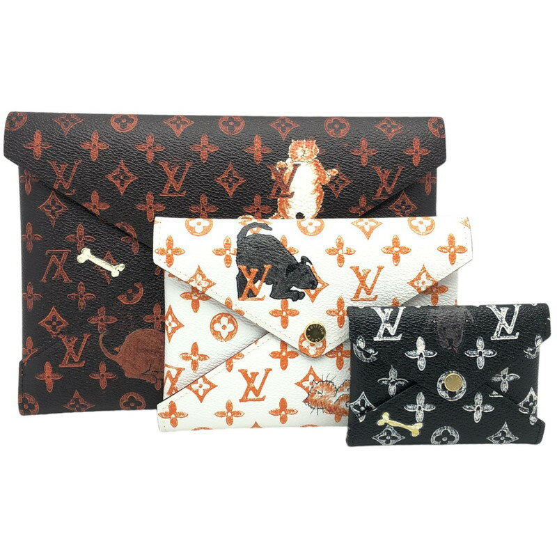 【中古】LOUIS VUITTON（ルイヴィトン） M63885 キャットグラム ポシェット キリガミ ポーチ クラッチバッグ モノグラム レザー マルチカラー ブラウン ホワイト ブラック こげ茶 白 黒 ネコ イヌ レディース【USED-AB】