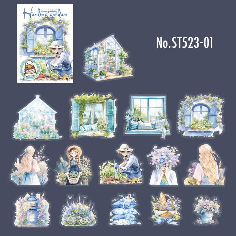 ST523 シール 人物 女性 女の子 花 フラワー 窓 窓枠 小屋 フレークシール PET コ...