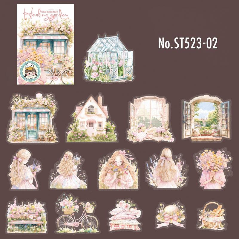 ST523 シール 人物 女性 女の子 花 フラワー 窓 窓枠 小屋 フレークシール PET コ...
