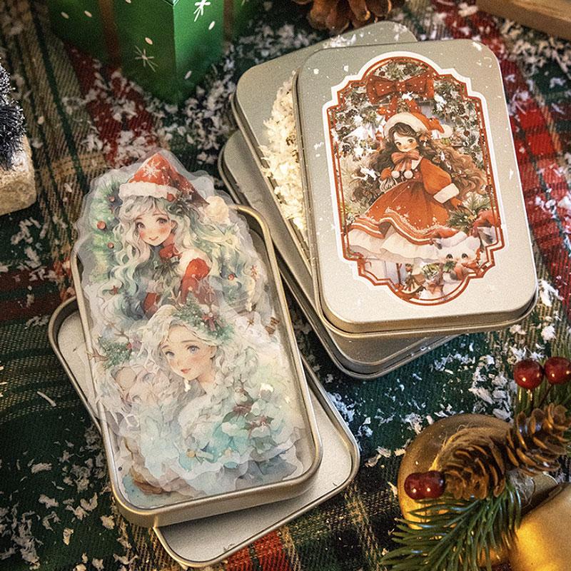 ST687 缶ケース付き クリスマス 人物 女性 女の子 かわいい サンタ 装飾 飾り コラージュ素材 コラージュ シール ステッカー 紙もの 手帳 日記 海外 紙モノ 紙物