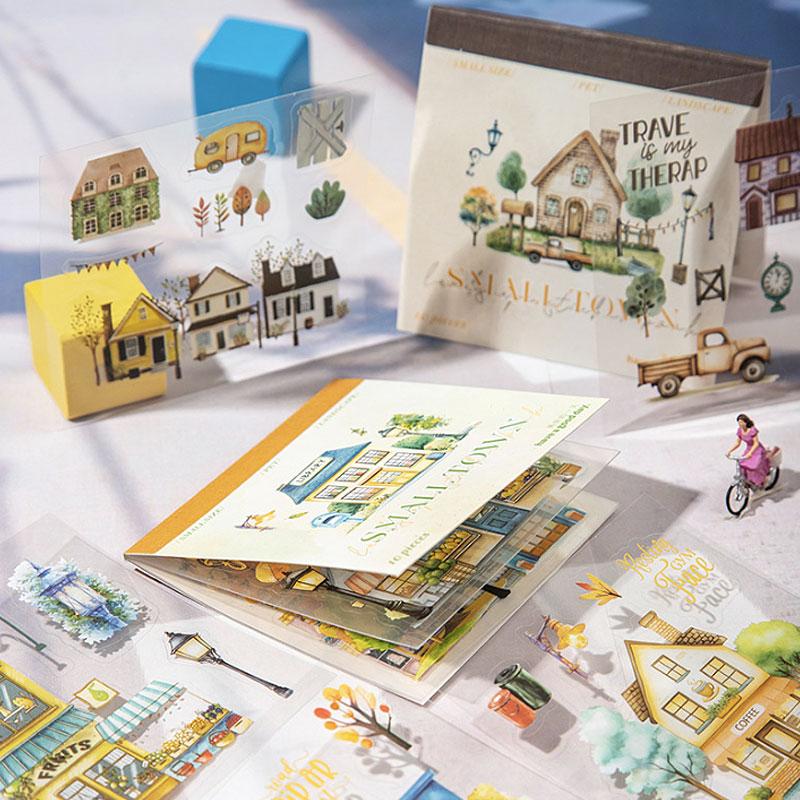 ST721 街並み 家 車 街灯 街路樹 道路 標識 ベンチ お店 シールブック コラージュ素材 コラージュ シール ステッカー 紙もの 手帳 日記 海外 紙モノ 紙物